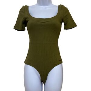 Revolve n:Philanthropy Ribbed Bodysuit Olive‎ Green Square Neck Thong NWT Small
